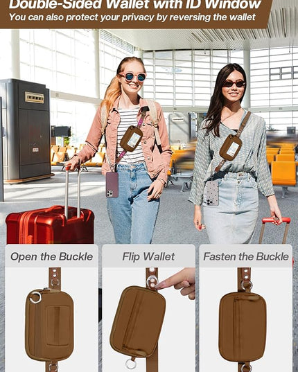 Clip and Go Strap for Phone with Wallet Crossbody Phone Lanyard Adjustable and Detachable RFID Wristlet Wallet with ID Window and Zipper, Brown