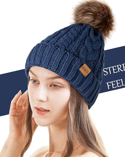 REDESS Women Winter Pompom Beanie Hat with Warm Fleece Lined, Thick Slouchy Snow Knit Skull Ski Cap
