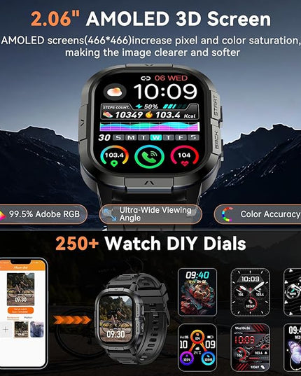 Smart Watch for Men Fitness Tracker: Make/Answer Call Military Smart Watches for Men Digital Watches Heart Rate Monitor Waterproof Running Smartwatch Android Phones iPhone Samsung Compatible 2 Bands