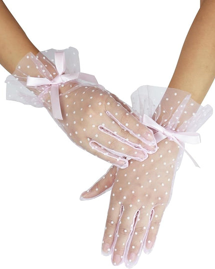 Women's Short Lace Gloves with Bow Ruffles Lace Tea Party Gloves for Wedding Costume Evening Dinner Party