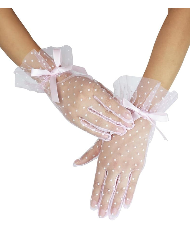Women's Short Lace Gloves with Bow Ruffles Lace Tea Party Gloves for Wedding Costume Evening Dinner Party