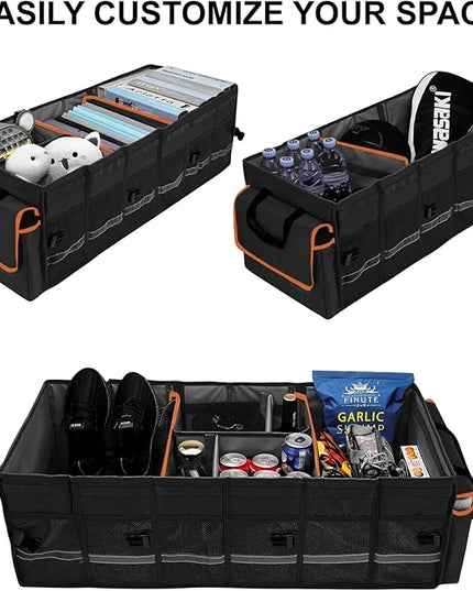 Car Trunk Organizer and Storage with Lid & Removable Leakproof Cooler Bag, Car Accessories 6 Removable Dividers for Custom Space, Collapsible Large Trunk Organizers Interior for SUV Sendan with Cover