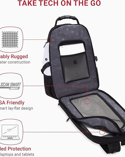 SwissGear 1900 ScanSmart 17” Laptop Backpack White/Black – Reflective Tech Backpack with ScanSmart Compartment – Multiple Organizer Pockets & RFID Scan Blocking Technology