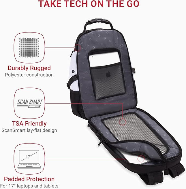SwissGear 1900 ScanSmart 17” Laptop Backpack White/Black – Reflective Tech Backpack with ScanSmart Compartment – Multiple Organizer Pockets & RFID Scan Blocking Technology