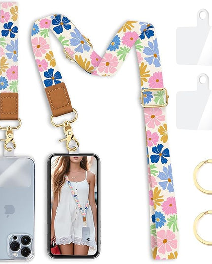 Floral Phone Lanyard Crossbody Strap, Flower Cell Phone Lanyards for around the Neck Cross Body, Wristlet Wrist Strap Adjustable for Women Keys Case Accessories Beach Travel Essentials