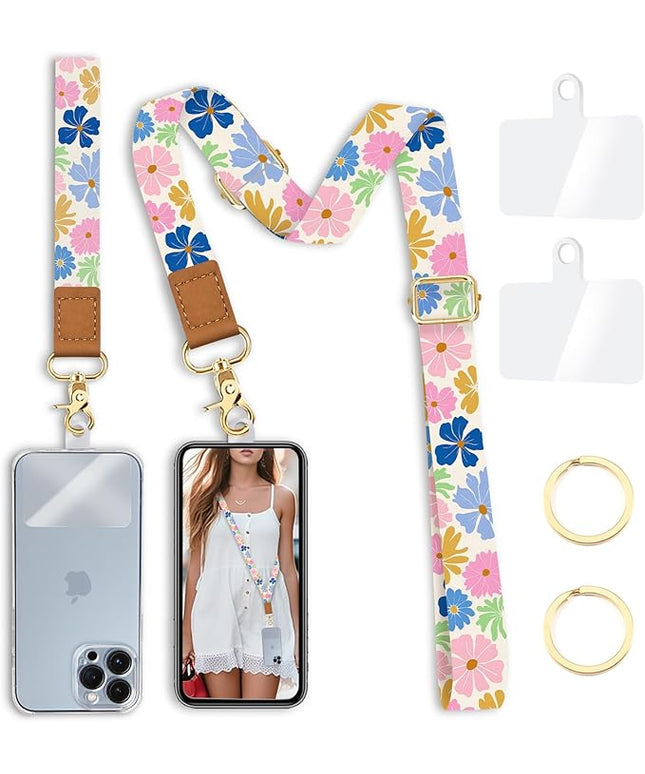 Floral Phone Lanyard Crossbody Strap, Flower Cell Phone Lanyards for around the Neck Cross Body, Wristlet Wrist Strap Adjustable for Women Keys Case Accessories Beach Travel Essentials