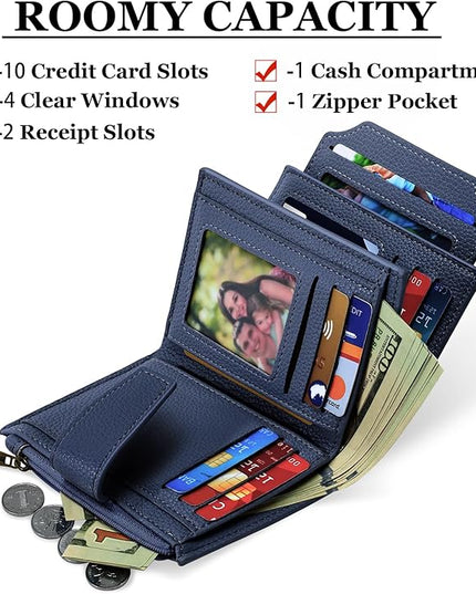 Airkit Small Wallet Women RFID Blocking Soft Leather Bifold Compact Card Holder Wallet for Women with Zipper Coin Pocket 4 ID Window