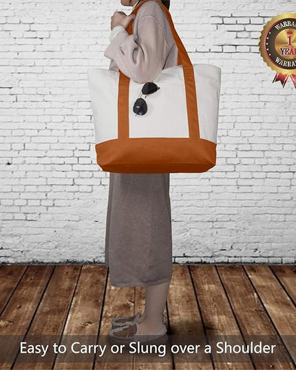 TOPDesign 3-Pack Canvas Tote Bags with an External Pocket, Reusable Grocery Shopping Bags, Top Zipper Closure, Daily Essentials (Orange/Natural)