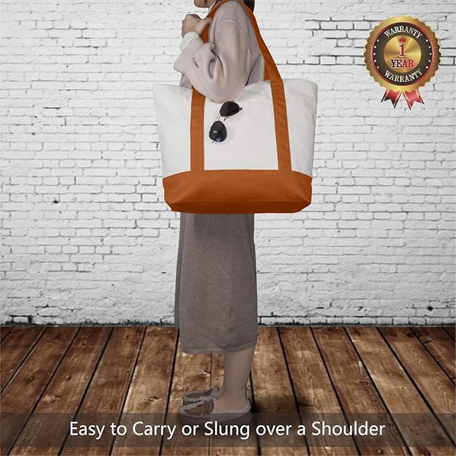 TOPDesign 6-Pack Canvas Tote Bags with an External Pocket, Reusable Grocery Shopping Bags, Top Zipper Closure, Daily Essentials (Orange/Natural)