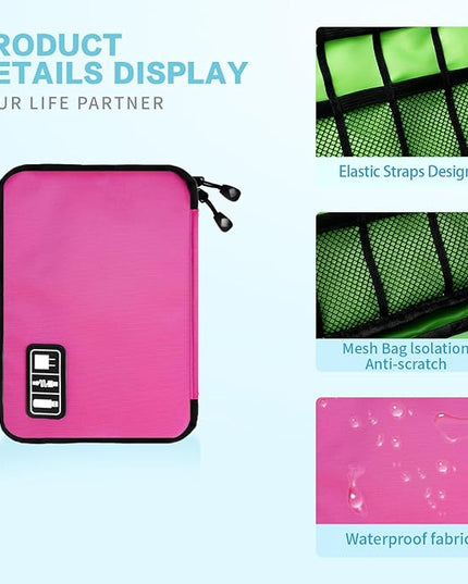 Electronics Travel Organizer,Portable Waterproof Electronic Travel Storage Bag for Small Charging Cord Storage,Charger,SD Card etc,for Travel,Business-Rose Red
