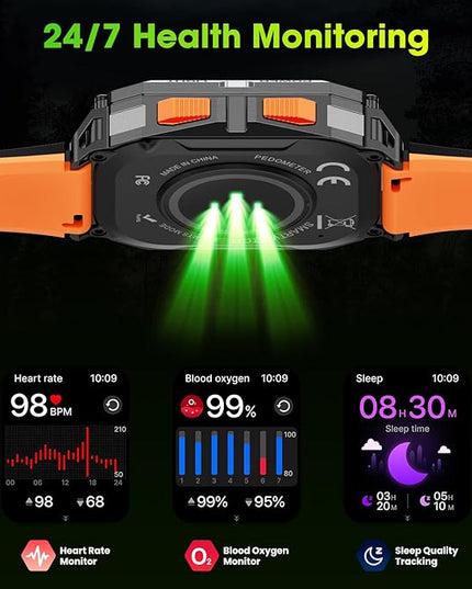 Smart Watches for Men, 2.01" HD Military Smart Watch with 1000mAh High-Capacity Battery/Led Flashlight/Answer/Make Call/Heart Rate/Sleep Monitor/Step Tracker, Fitness Tracker for Android/iPhone