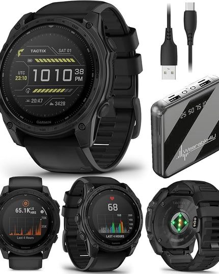 Garmin Tactix 8, 51mm Solar, Elite, Titanium Bezel, Sapphire Lens, Premium Tactical GPS Smartwatch, Includes Applied Ballistics Ultralight Elite Solver, 40M Dive Rating w/Wearable4U PowerBank Bundle