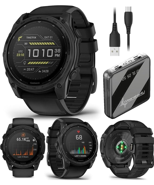 Garmin Tactix 8, 51mm Solar, Elite, Titanium Bezel, Sapphire Lens, Premium Tactical GPS Smartwatch, Includes Applied Ballistics Ultralight Elite Solver, 40M Dive Rating w/Wearable4U PowerBank Bundle
