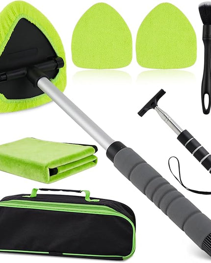 7PCS Windshield Cleaner Tool, Car Windshield Cleaner Tool+Side Mirror Squeegee +3 Microfiber Pads+100ml Spray Bottle+1 Detailing Brush,12-19inches Extendable Handle,180° Rotation