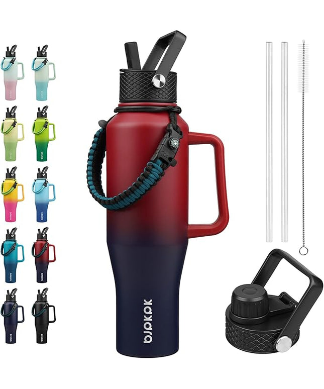 BJPKPK Insulated Water Bottles with Straw Lid, 40oz Metal Water Bottle with 2 lids & Paracord Strap, Double Wall Stainless Steel Tumbler with Handle, Reusable Cups, Mugs, Thermo, Charming Red