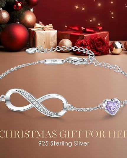 CDE Valentine's Day Gift Infinity Heart Birthstone Charm Link Bracelet for Women 925 Sterling Silver Adjustable Mother's Day Christmas Day Gift Anniversary Birthday Jewelry for Wife Girlfriend Her