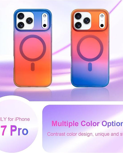 Aesthetic Case for iPhone 17 Pro Case for Women Girls [Compatible with Magsafe] Cute Girly Trendy Glitter Sparkly Rainbow Magnetic Protective Phone Cover, Matte Iridescent Orange & Blue