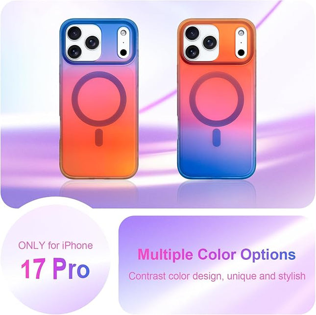 Aesthetic Case for iPhone 17 Pro Case for Women Girls [Compatible with Magsafe] Cute Girly Trendy Glitter Sparkly Rainbow Magnetic Protective Phone Cover, Matte Iridescent Blue & Orange