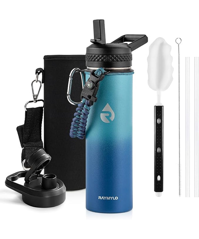 Insulated Water Bottle 20 oz, Triple Wall Vacuum Stainless Steel (Cold for 48 Hrs), Leak Proof & Non-BPA, Kids Water Bottle Jug for School with Straw Spout Lids, Cyan Blue