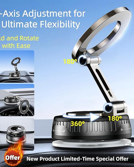 2026 Upgraded Magnetic Car Phone Mount for MagSafe: 360° Rotatable Adjustable Holder with 180+LBS Strong Suction Cup & 3800gf Magnet, Compatible with iPhone 17/16/15 Series & Android Devices