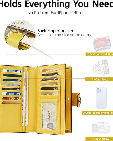 BOSTANTEN Womens Wallet Genuine Leather Wallets Large Capacity Cash Cluth Purses with Zipper Floral Yellow