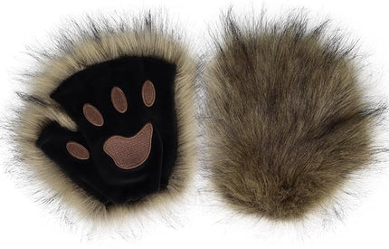 HAOAN Wolf Paw Gloves Faux Fur Cat Fingerless Mittens Winter Warm Cosplay Halloween Fancy Party Costume Accessories