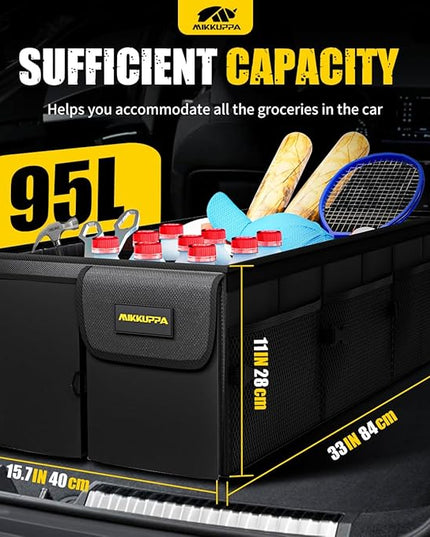 MIKKUPPA Car Trunk Organizer - 95L Collapsible Trunk Organizer with Lid, Sturdy Car Storage for SUV Auto Truck Van with Adjustable Straps and Non Slip Bottom (Black, X-Large)