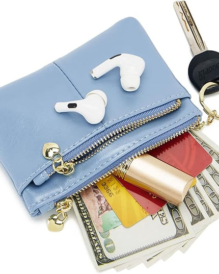 ZOOEASS Women PU Leather Zip Mini Coin Purse With Key Ring Triple Zipper Card Holder Wallet (Blue)