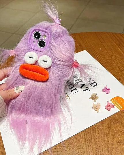 for iPhone 13 Pro Case,Funny and Silly Weird Furry Phone Cases [DIY Long Hair with Hairclip] Ugly Phone Case Swap Challenge Gifts with Friends (Purple)