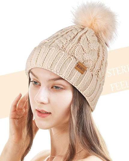 REDESS Women Winter Pompom Beanie Hat with Warm Fleece Lined, Thick Slouchy Snow Knit Skull Ski Cap