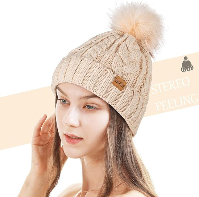 REDESS Women Winter Pompom Beanie Hat with Warm Fleece Lined, Thick Slouchy Snow Knit Skull Ski Cap