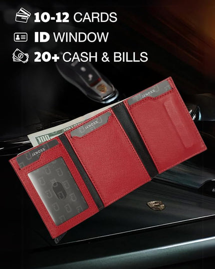 Jenoss Full Grain Leather Wallet for Men & Women: Smart AirTag Wallet With Pop Up Case, Slim, RFID Blocking, Credit Card Holder, Apple Air Tag Tracker Minimalist 9-12 Slot | ID & Cash (Red)