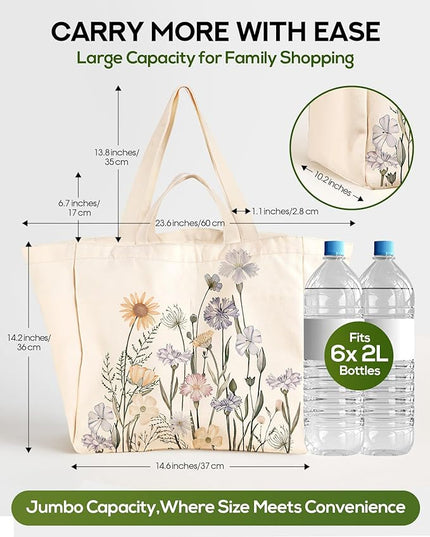 Large Canvas Grocery Tote Bag - Reusable Extra Large Shopping Shoulder Bags with 6 Inner Pockets & 2 Handle Strap