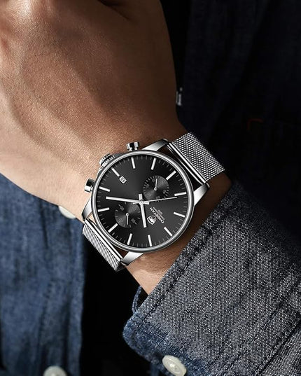 GOLDEN HOUR Mens Watch Fashion Sleek Minimalist Quartz Analog Mesh Stainless Steel Waterproof Chronograph Watches for Men with Auto Date