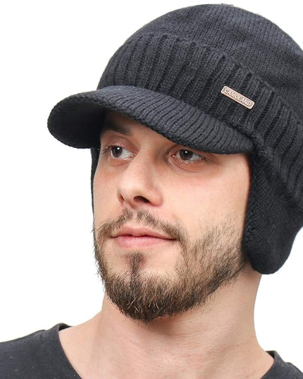 Winter Beanie w/Visor & Earflaps for Men Outdoor Fleece Hat Scarf Set