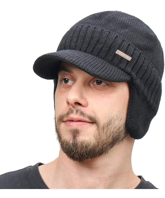 Winter Beanie w/Visor & Earflaps for Men Outdoor Fleece Hat Scarf Set