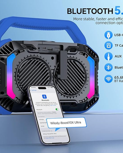 Wilody Speakers Bluetooth Wireless, 100W Loud Outdoor Speaker with Bass, IPX7 Waterproof Floatable, 20H Playtime, Wireless Charge, TWS, RGB Light, Portable Speaker for Work, Garage, Outdoor (Blue)