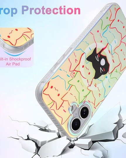Cute Case for iPhone 16 Case for Women Girls Boys [ Compatible with Magsafe ] Iridescent and Black Cats Cat Pattern Design, Kawaii Colorful Animal Soft Bumper Protective Phone Cover