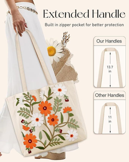 Embroidery Canvas Tote Bag for Women - Reusable Totes with Pocket & Buckle Aesthetic Cute Grocery Shoulder Bag
