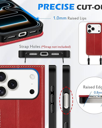 SHIELDON Genuine Leather Case Wallet for iPhone 17 Pro 6.3-inch 2025 | Book Design | Magnetic | Kickstand | RFID Blocking Credit Card Holder | Soft Shockproof Phone Cover | Retro Red