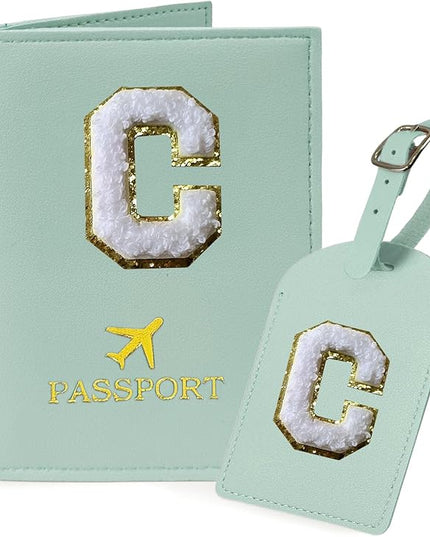 COSHAYSOO Green Passport Cover Holder and Initial Luggage Tag Set TSA Approved with Personalized Monogram Chenille Letter Patch for Women Teen Girls Couples, Preppy Travel Bag Suitcase Identifier (C)