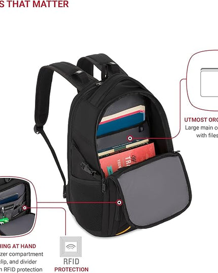 SwissGear 1900 Mini ScanSmart 13” Laptop Backpack Black with Yellow Accents – Reflective Tech Backpack with ScanSmart Compartment – Multiple Organizer Pockets & RFID Scan Blocking Technology