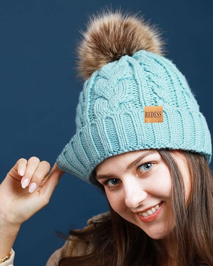 REDESS Women Winter Pompom Beanie Hat with Warm Fleece Lined, Thick Slouchy Snow Knit Skull Ski Cap