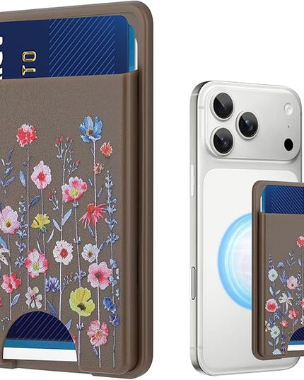 Stronger Magnetic Card Slot Wallet for iPhone 17/16/15/14/13/12 Series (Not for 13/12 Mini), Flower Pattern Hard Card Holder Fit 3 Cards Compatible with Magsafe Accessories, Brown