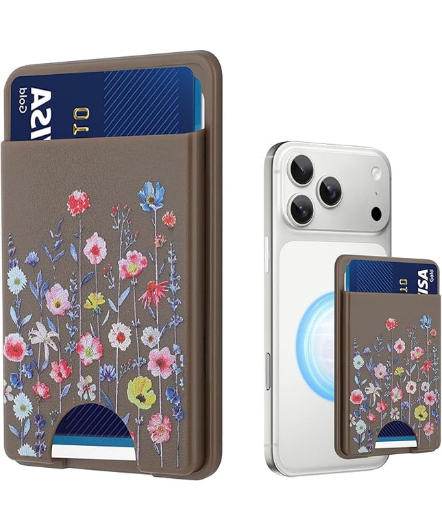 Stronger Magnetic Card Slot Wallet for iPhone 17/16/15/14/13/12 Series (Not for 13/12 Mini), Flower Pattern Hard Card Holder Fit 3 Cards Compatible with Magsafe Accessories, Brown