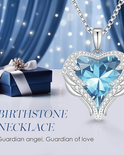 CDE Christmas Gifts for Women Angel Wings Necklace for Women with Birthstone, Love Heart Silver Tone/Gold Tone Pendant, Ideal Anniversary or Birthday Jewelry Gifts for Wife Girlfriend Her