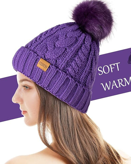 REDESS Women Winter Pompom Beanie Hat with Warm Fleece Lined, Thick Slouchy Snow Knit Skull Ski Cap