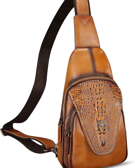 Genuine Leather Sling Bag Embossed Crocodile Pattern Leather Crossbody Sling Backpack Handmade Chest Purse Daypack (Brown)