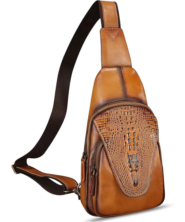 Genuine Leather Sling Bag Embossed Crocodile Pattern Leather Crossbody Sling Backpack Handmade Chest Purse Daypack (Brown)
