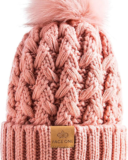 PAGE ONE Womens Winter Ribbed Beanie Crossed Cap Chunky Cable Knit Pompom Soft Warm Hat